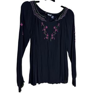 BILA Blouse Top Women Small Black Long Sleeve Floral Crochet Ribbed Boho Y2K